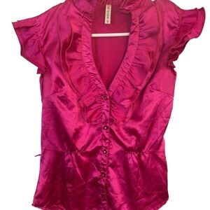 Chic Satin Ruffle Blouse in Vibrant Pink